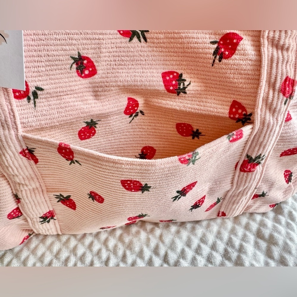 New Pink Corduroy Strawberry Purse Tote Bag w/ Pocket, Zipper, Crochet Accent - Picture 6 of 11